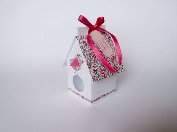 Boîte à Dragées Cage à Oiseaux Nichoir Blanc Et Liberty Avec Oiseau Pour Baptême Mariage Communion Fait Main