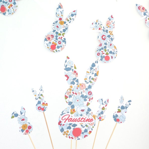 Pic, guirlande ou cake topper lapin liberty betsy porcelaine, rouge décoration baptême, communion, anniversaire, mariage, Pâques fait main