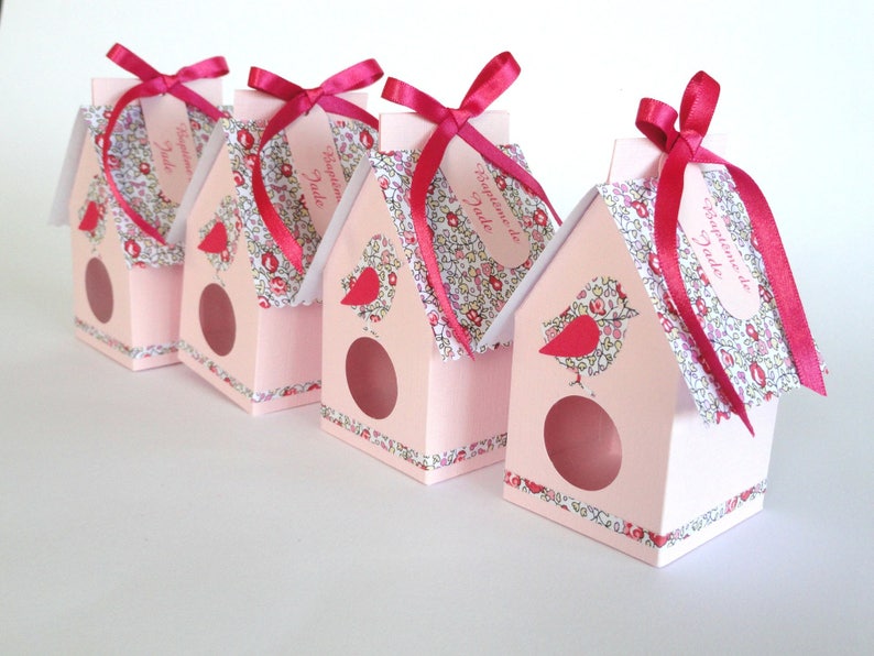 Boîte à Dragées Cage à Oiseaux Nichoir Rose Et Liberty Eloïse Rose Baptême Mariage Communion Fait Main