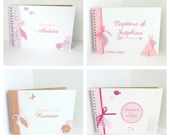 Livre d’or blanc, rose ou rose gold avec liberty ou non A4 pour baptême, communion avec fleurs, oiseau, plumes ou étoiles fait-main