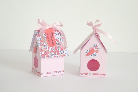 Boîte à Dragées Cage à Oiseaux Nichoir Rose Et Liberty Wiltshire Pois De Senteur Baptême Mariage Communion Fait Main