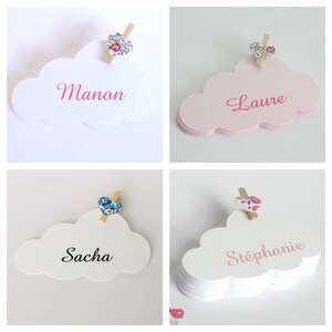 Segnaposto nuvola bianca o rosa con mollette in legno e cuori liberty, battesimo, comunione, matrimonio, compleanno, fatto a mano