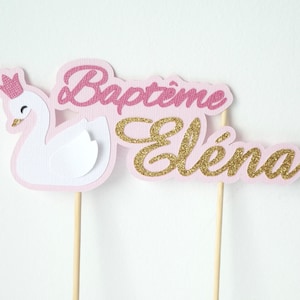 Swan cake topper in white, pink and gold paper for cake decoration for baptism, birthday, handmade communion