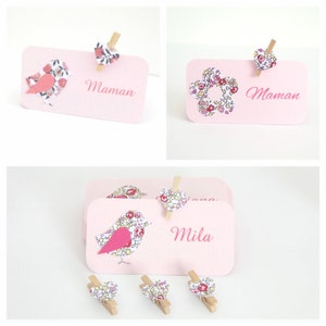 Segnaposto con uccello o fiore e clip in legno rosa ed Eloïse liberty o Wiltshire e cuore battesimo, comunione, matrimonio, fatto a mano