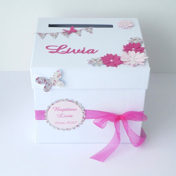 Urne carrée blanche, fuchsia et liberty eloise rose avec fleurs et papillons pour baptême, communion, anniversaire, fait main