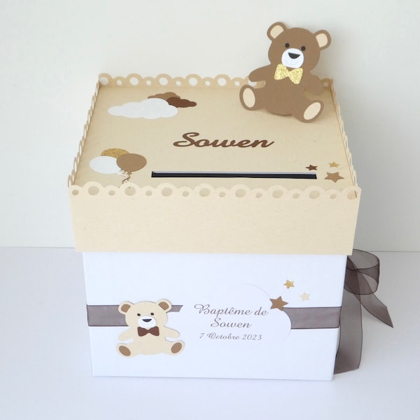 Urne carrée blanche, beige, marron et doré avec nounours, nuage et ballons pour baptême, communion, anniversaire, fait main