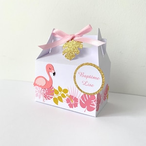 Boîtes à dragées thème flamant rose, corail, doré, rose et blanc pour baptême, communion, anniversaire fait main