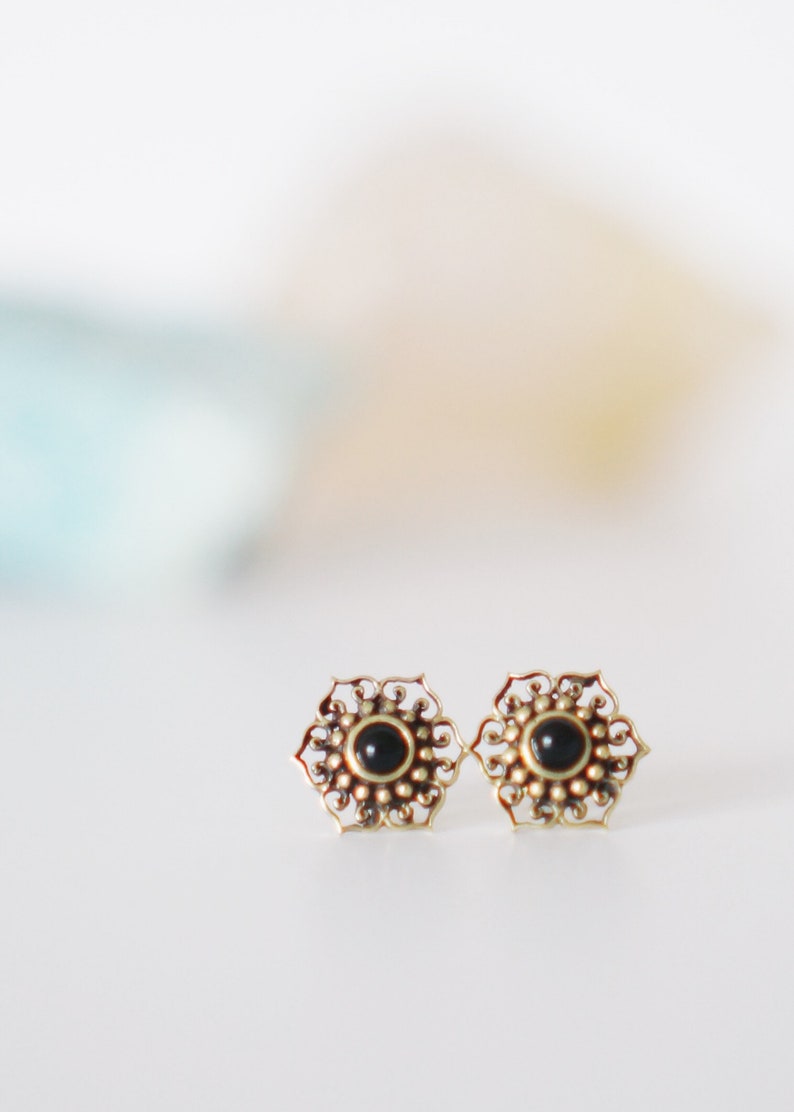 Black Stone Boho Brass Ear Studs Brass Flower Ear Studs Ethnic Earrings Obsidian Stone Ear Studs Tribal Brass Earrings