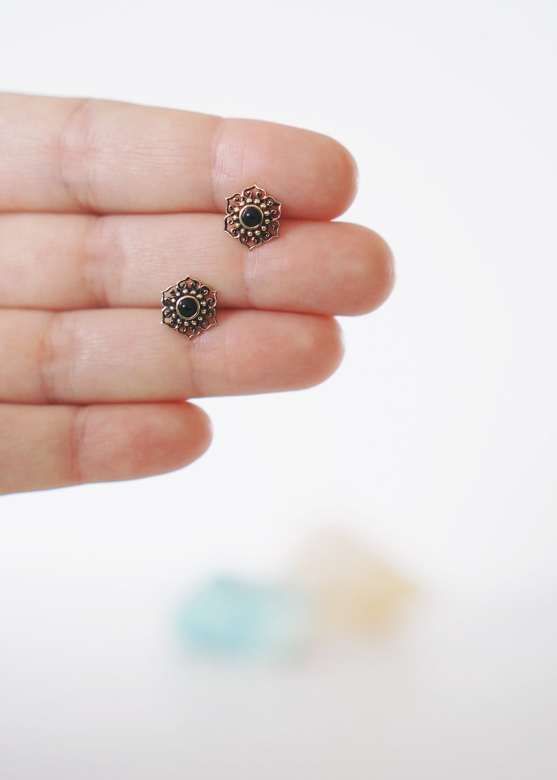 Black Stone Boho Brass Ear Studs Brass Flower Ear Studs Ethnic Earrings Obsidian Stone Ear Studs Tribal Brass Earrings