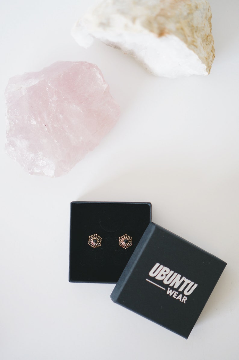Black Stone Boho Brass Ear Studs Brass Flower Ear Studs Ethnic Earrings Obsidian Stone Ear Studs Tribal Brass Earrings