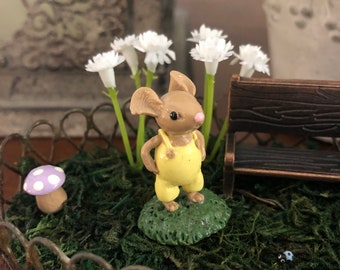 Fairy Garden Mouse, Miniature Sculpture, yellow overalls