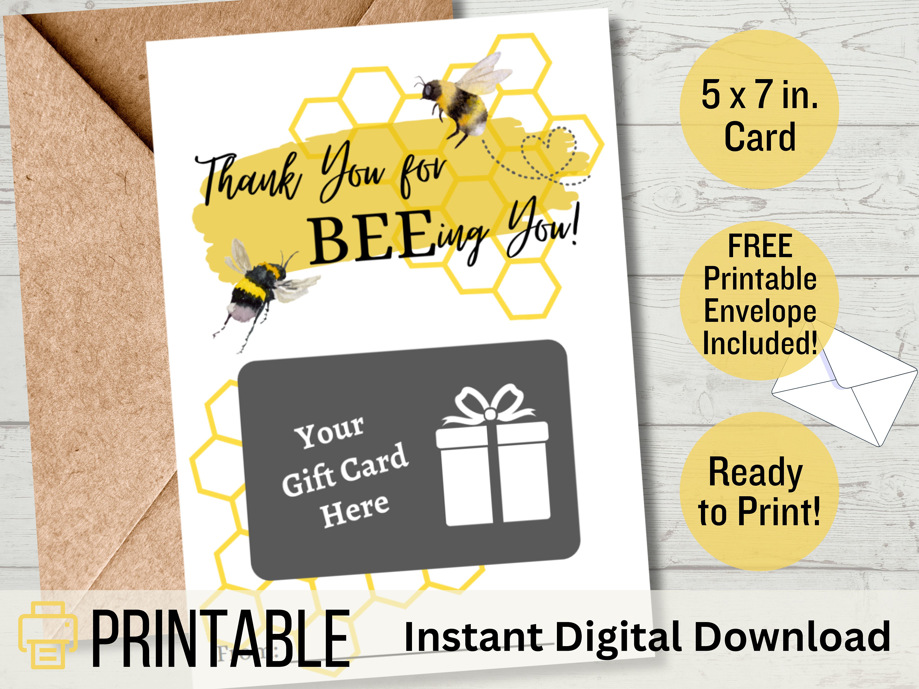 Bumble Bee Gift Card Holder Printable, Printable Cards Thank You with Envelope, 5X7, Instant Download, Digital Card