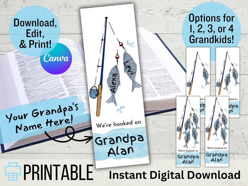 Printable Bookmark for Grandpa, Personalized Fishing Gift, DIY Craft ...