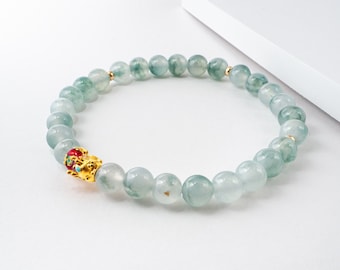 Gold Enamel Pixiu Icy Flora Type A Jadeite Bead String Bracelet