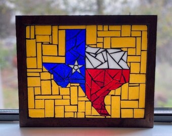 Texas Stained Glass Mosaic Sun Catcher, Lone Star State, Texas Flag, Red White Blue, Glass on Glass, Artisan Made, 11x14" Framed, Patriotic