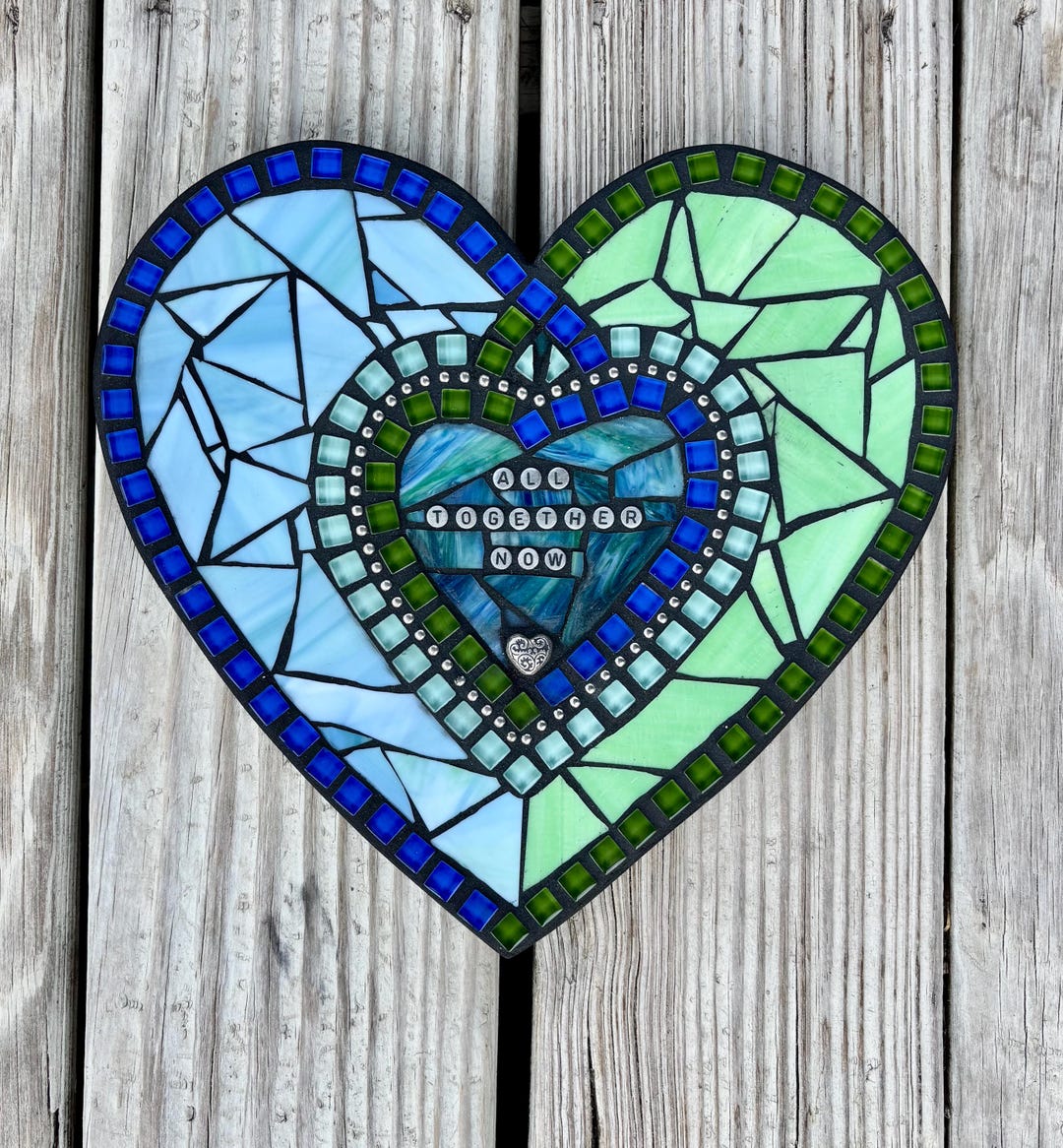Stained Glass Heart Mosaic, Green & Blue Wall Hanging, Handmade