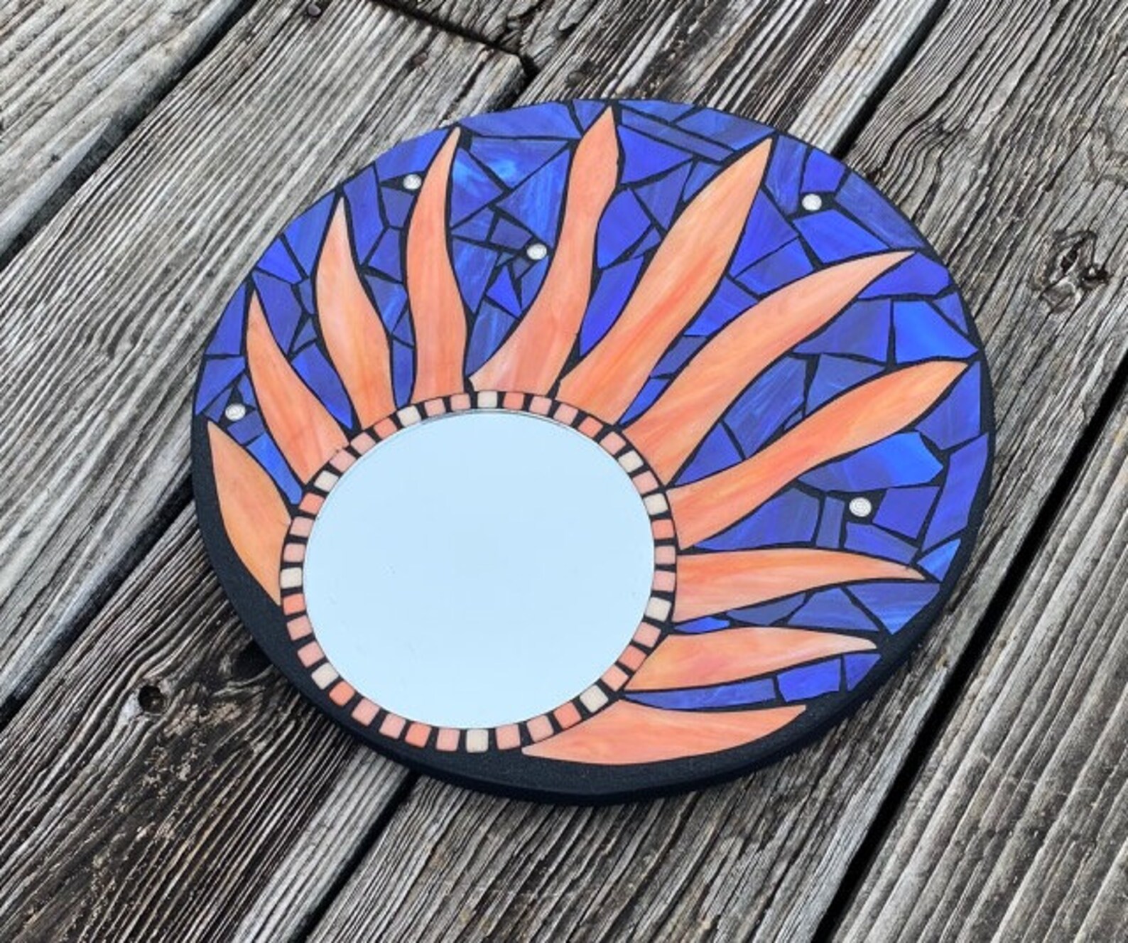 Round Stained Glass Mirror Wall Hanging Mirror Blue and Red Etsy