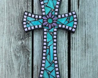Stained Glass Mosaic Wall Cross, Religious Gift, 13" Tall, Housewarming Gift, Baptism Gift, Lilac & Teal, Gift for Mom, Original Design