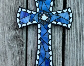 Religious Cross, Stained Glass Mosaic Wall Cross, Gift for Cross Collector, 13" Tall, Original Design, Blues and White, Housewarming Gift
