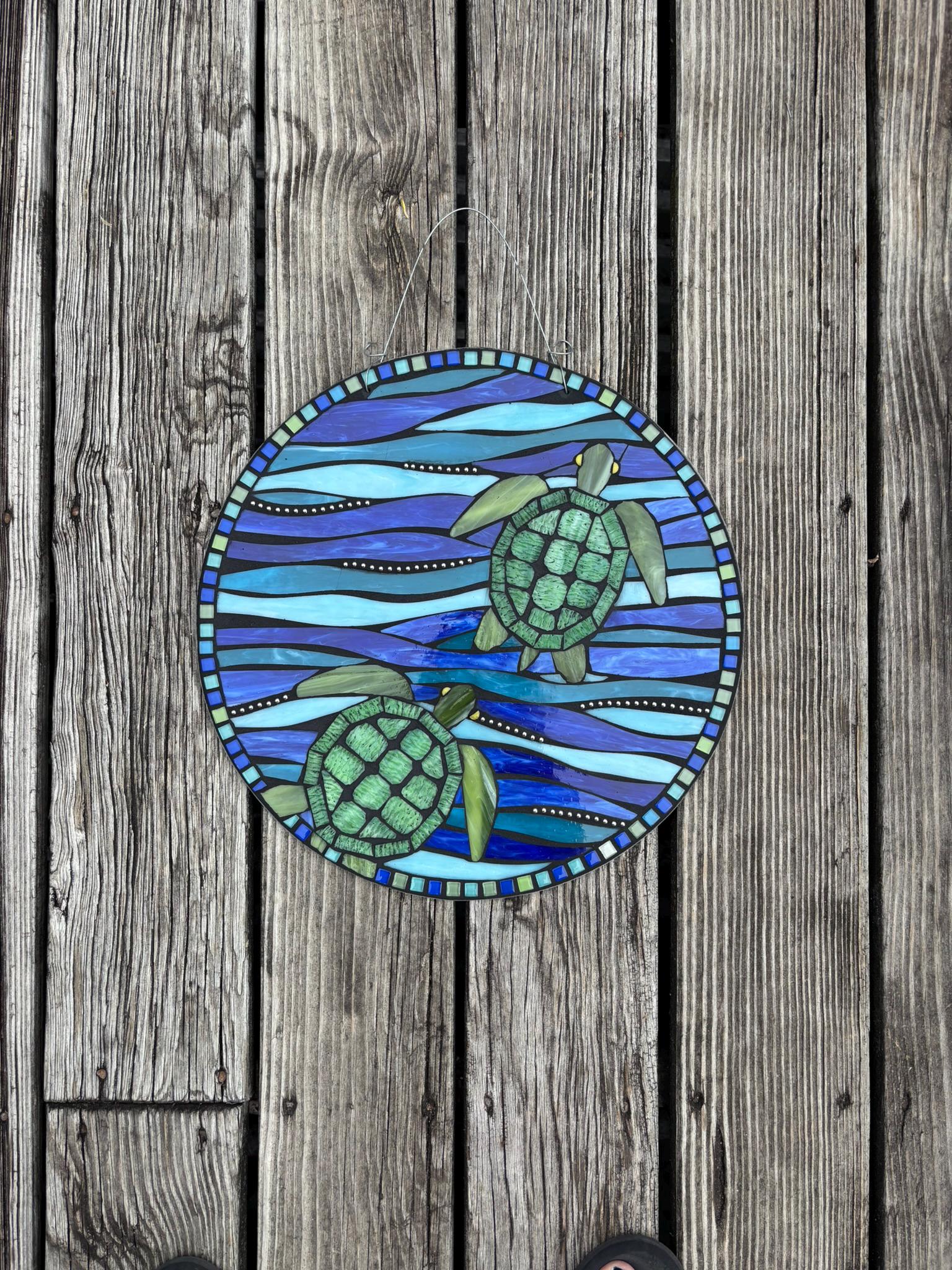 Outdoor/Indoor Art, Stained Glass Mosaic Wall Hanging, Yard Art, Sea Turtles in the Waves, Original Design, Great for Patio, Deck or Porch