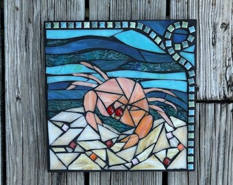 Crab Mosaic, Stained Glass Mosaic Plaque, Gift for the Beach Lover, Ocean Decor, Mosaic Art, Coastal Vibe, 10" Square, ArtisanMade, Mom Gift