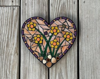 Heart Art, Stained Glass Mosaic Wall Hanging Heart, Blooming Flowers, One of Kind, 10" Tall, Original Design, Gift for Mom, Orange & Purple