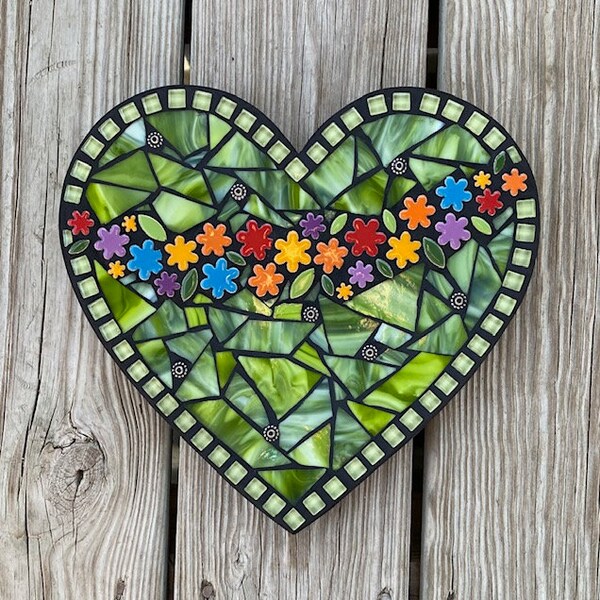 Mosaic Heart, Wall Hanging Heart, Stained Glass Heart,  Mixed Media Heart, Blooming Flowers, One of Kind, Heart Plaque, Flower Garland