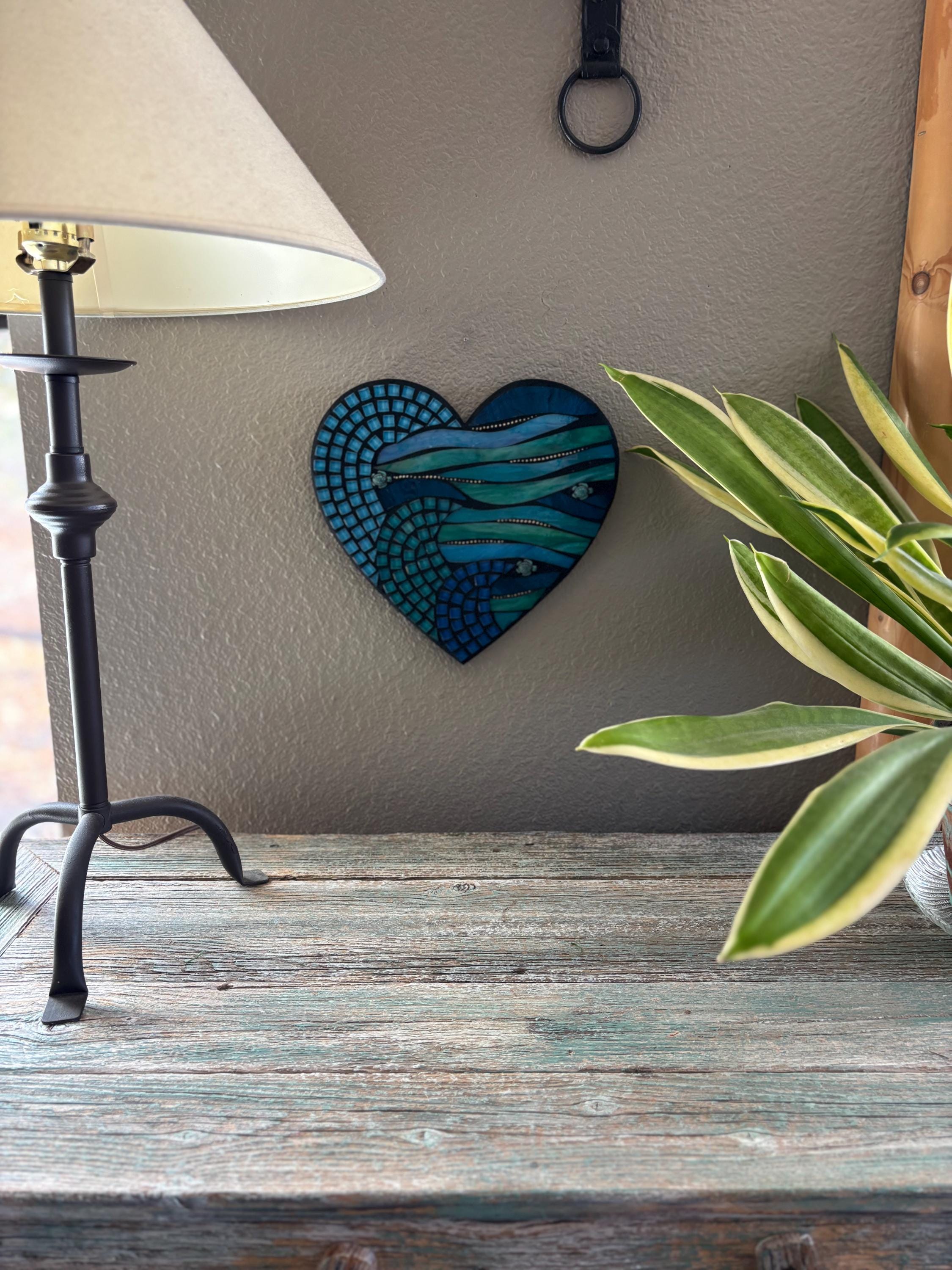 Ocean Heart Art, Stained Glass Mosaic Wall Hanging, Sea Waves Design ...