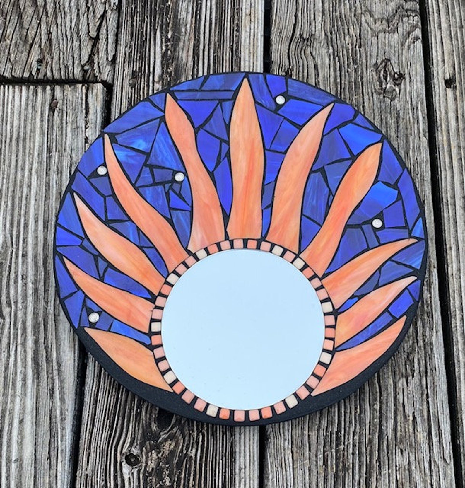 Round Stained Glass Mirror Wall Hanging Mirror Blue and Red Etsy