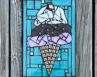 Ice Cream Cone Stained Glass Mosaic Wall Hanging, Mosaic Plaque, Summertime Fun, Ice Cream Mosaic, Kitchen or Kids Room, 7x11", Artisan Made
