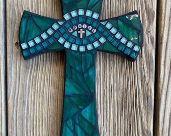 Religious Stained Glass Cross, Mosaic Wall Cross, Religious Gift, Housewarming Gift, Baptism Gift, Teal and Aqua, 13" Tall, Original Design