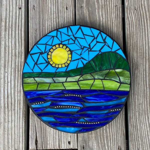 Stained Glass Mosaic, Mixed Media Mosaic, Mosaic Mandala, Mountain Scene, Outdoor Scene, Sun and Water, Blues and Greens, Wall Hanging, OOAK