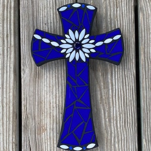 Religious Cross, Stained Glass Mosaic Cross, Wall Hanging, Housewarming Gift, Vibrant Blue and White, 13" Tall, Original Design, Handmade