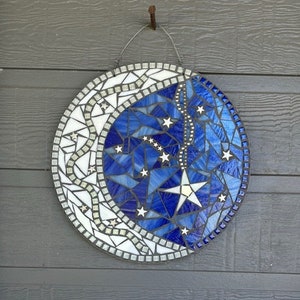 Outdoor Stained Glass Mosaic, Mosaic Wall Hanging, Night Sky, Celestial, Moon and Stars, Original Design, Great on Front Porch or Back Deck
