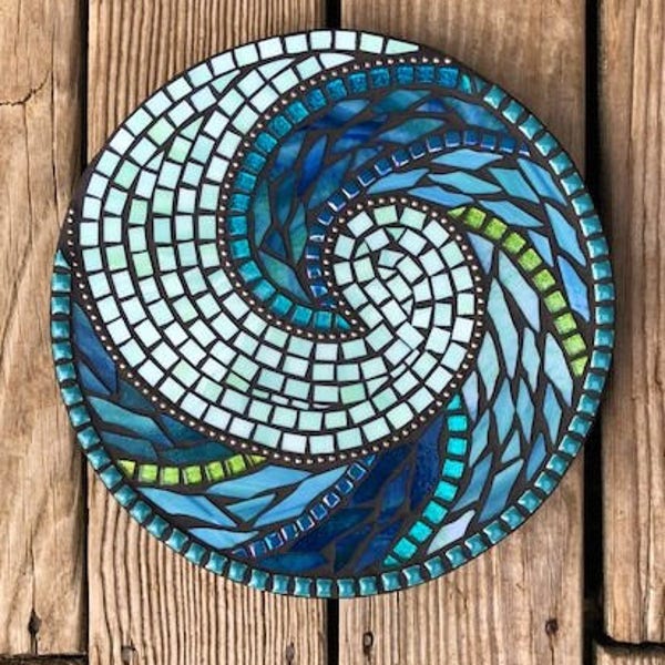 Stained Glass Mosaic, Round Wall Hanging, Wave Design, Ocean Decor, Beach Decor, Blue and Green, Mixed Media Wall Hanging, Mandala