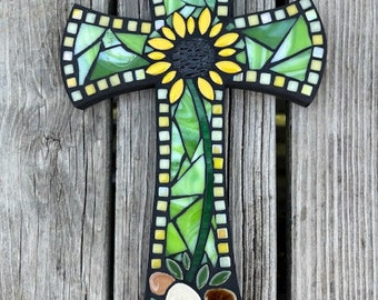 Religious Mosaic Wall Cross, Sunflower Design, Stained Glass Cross, Religious Gift, Housewarming Gift, Original Design,Yellow and Green, 13"