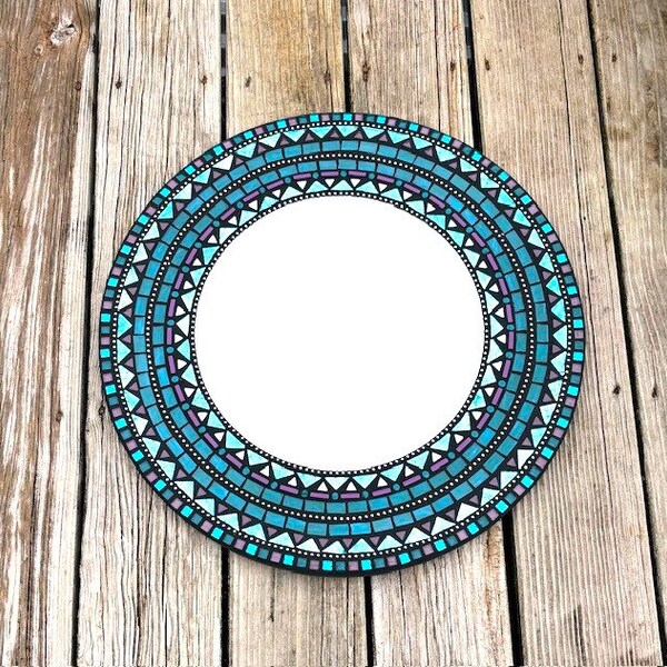 BIG Round Mirror, Stained Glass Mosaic Mirror, Housewarming Gift, Turquoise, Teal and Purple, Metal Accents, 20" Diameter, Coastal Vibes