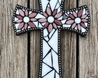 Religious Mosaic Wall Cross, Stained Glass Cross, Wall Hanging Cross, One of a Kind, Housewarming Gift, Baptism Gift, Pink Flowers, 13" Tall