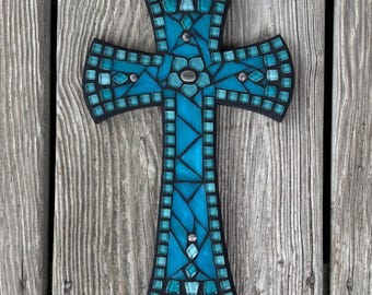 Religious Mosaic Stained Glass Cross, Shades of Blue, Wall Hanging Cross