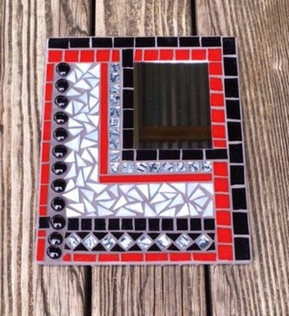Stained Glass Mosaic Mirror Red Black Gray Abstract Design Rectangular Wall Hanging Retro Look Accent Van Gogh