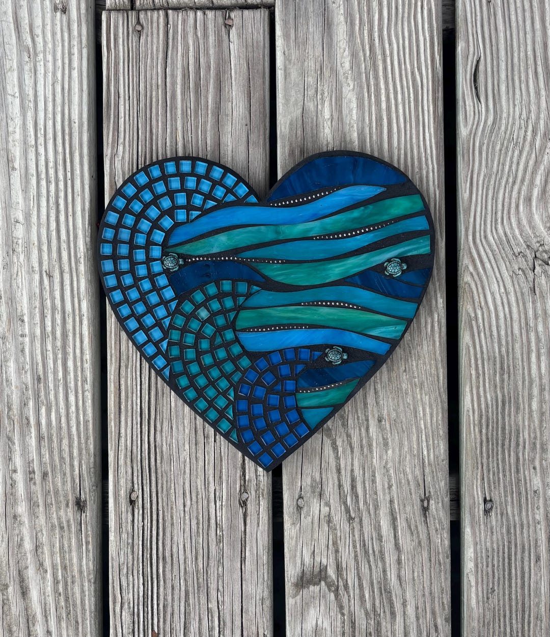 Ocean Heart Art, Stained Glass Mosaic Wall Hanging, Sea Waves Design ...