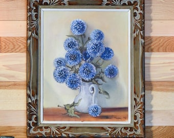 Vintage Botanical Art: Original Blue Thistles Painting, Ornate Wood Frame