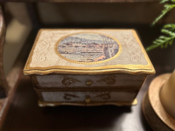 Vintage Florentine Jewelry Box, Gold and White, Wooden