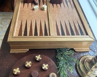 Vintage Wood Chess Set,  Backgammon Set, Dominos, Cribbage Vintage Wood game set, Vintage Wood backgammon, Grandpa Core, Dark Academia decor