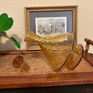 Hand blown etched amber glass cordial decanter