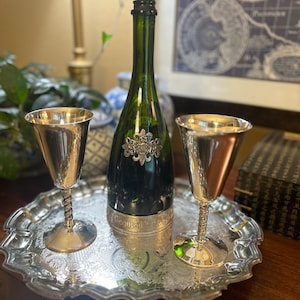 Vintage Spanish silver goblets and tray, Silver wine goblets, Footed silver tray, Vintage silver wine set, Silver chalice Toasting glasses