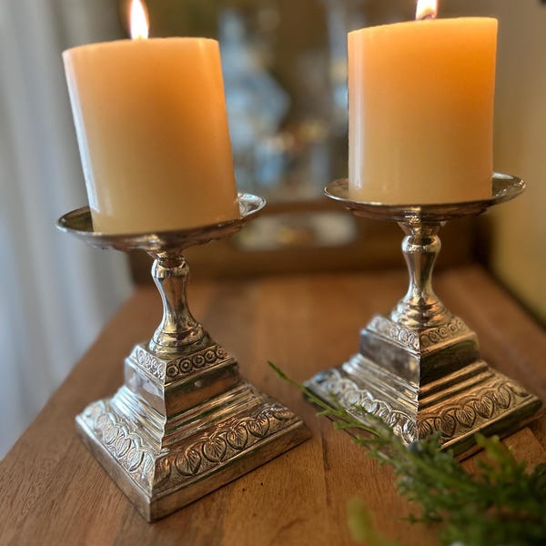 Silver pillar candlesticks, silver plate candlesticks, silver candleholders, Mexican silver candlesticks, Heavy silver pillar candle holders