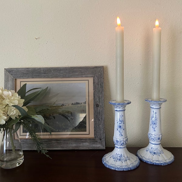 Vintage Blue and White, Vintage Candlesticks, Blue and White Decor, Handpainted candlesticks , vintage Decor, Blue and White Candlesticks,