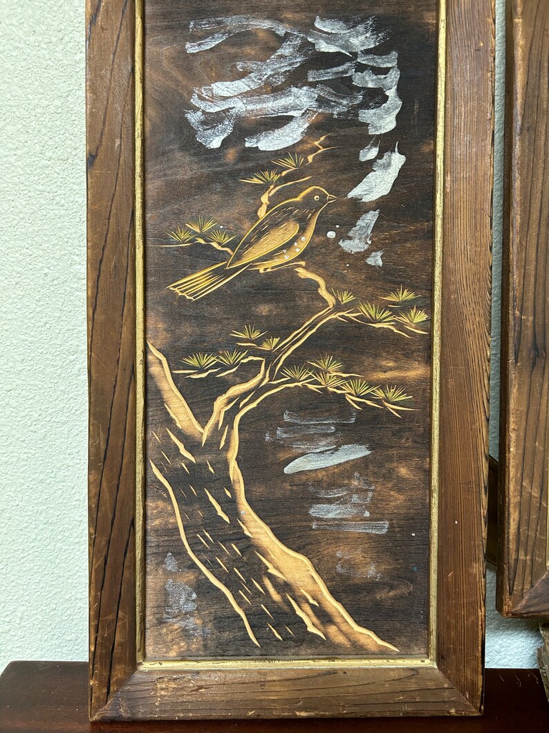 Vintage Japanese Wood Wall Hangings, Bird Art, Asian Wall Hangings