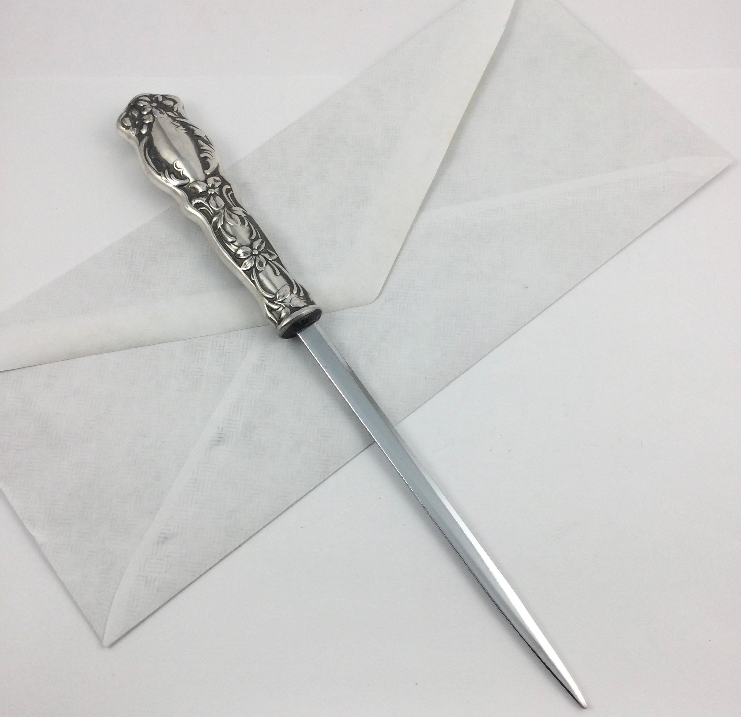 Letter opener, large flower, in pewter and stainless steel, elegant gift.